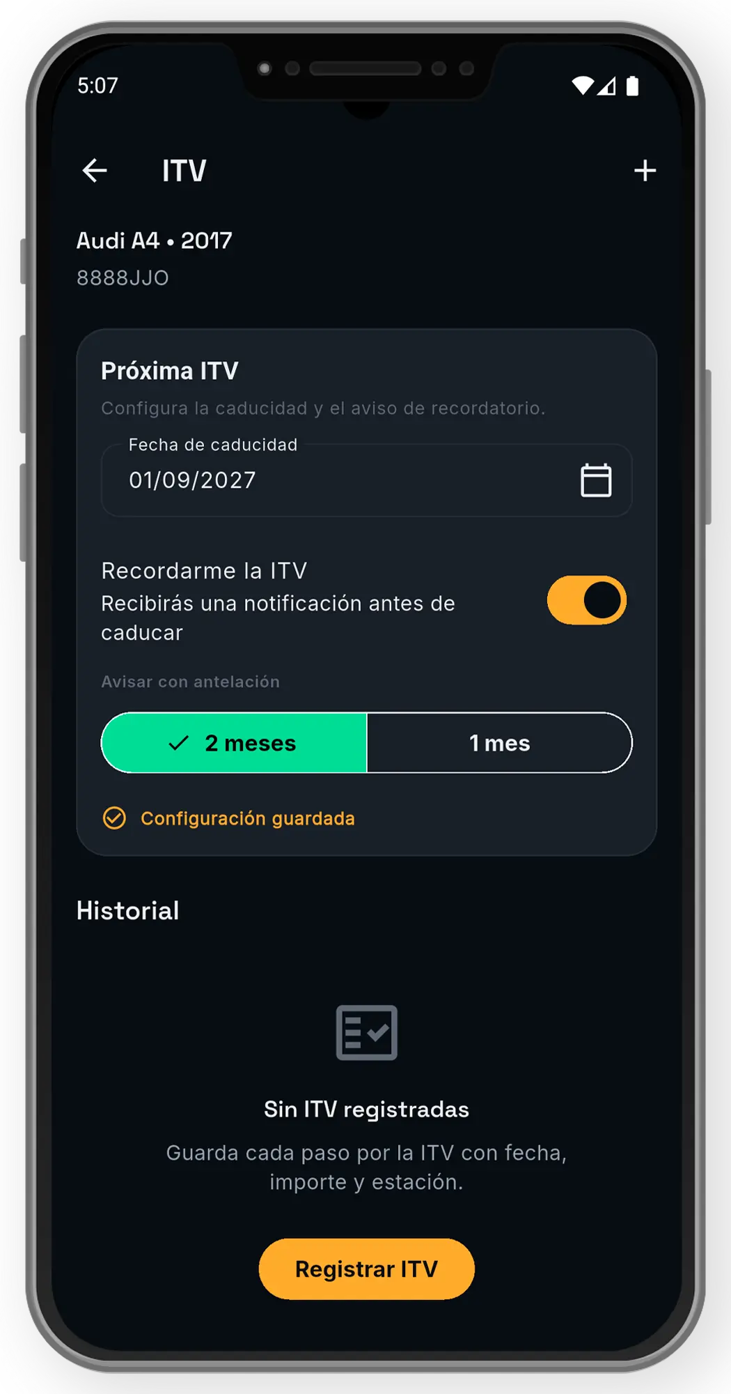 Pantalla de control de ITV con fecha de la próxima inspección y recordatorio
