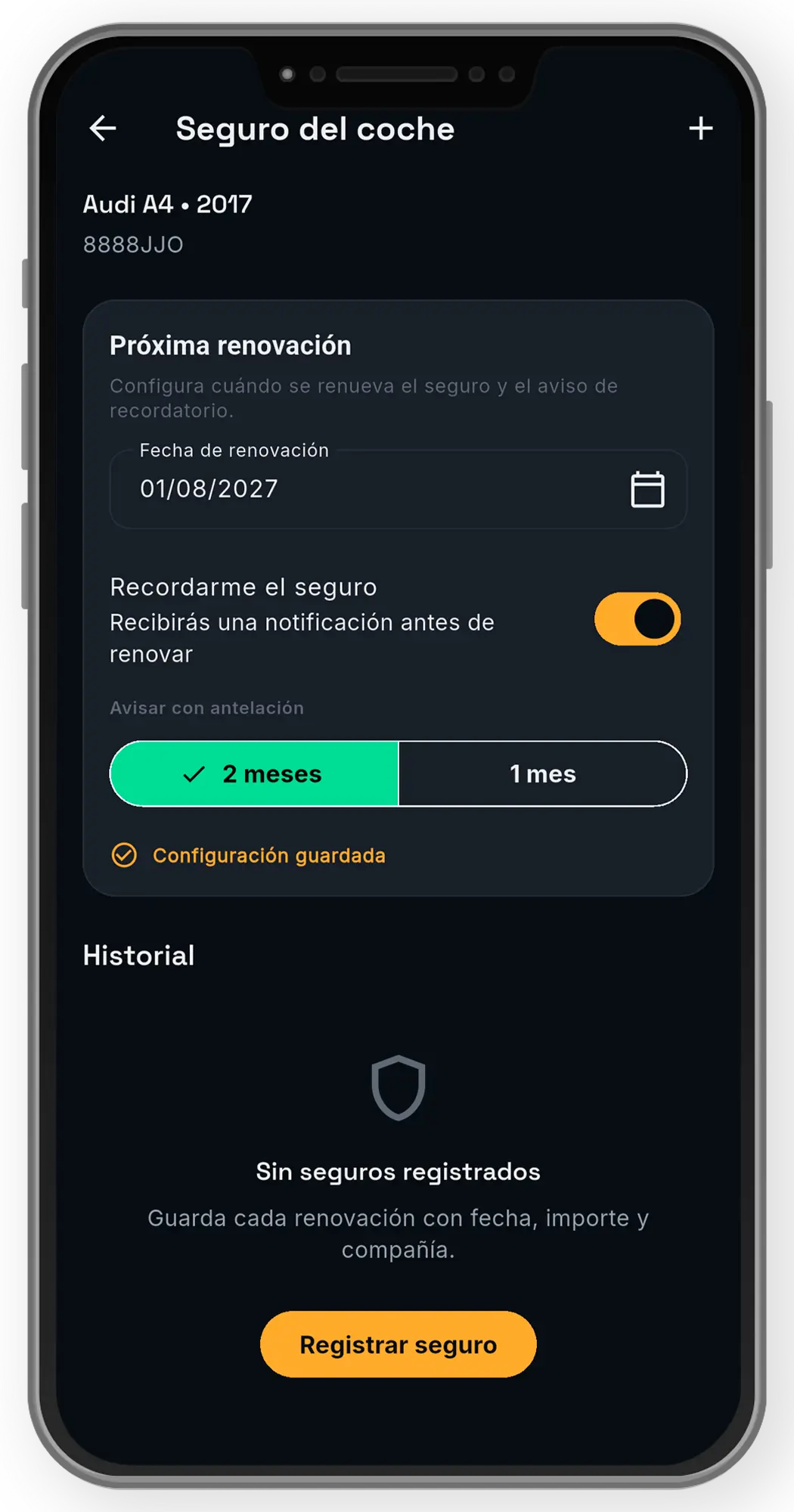 Pantalla de control del seguro del vehículo con fecha de renovación