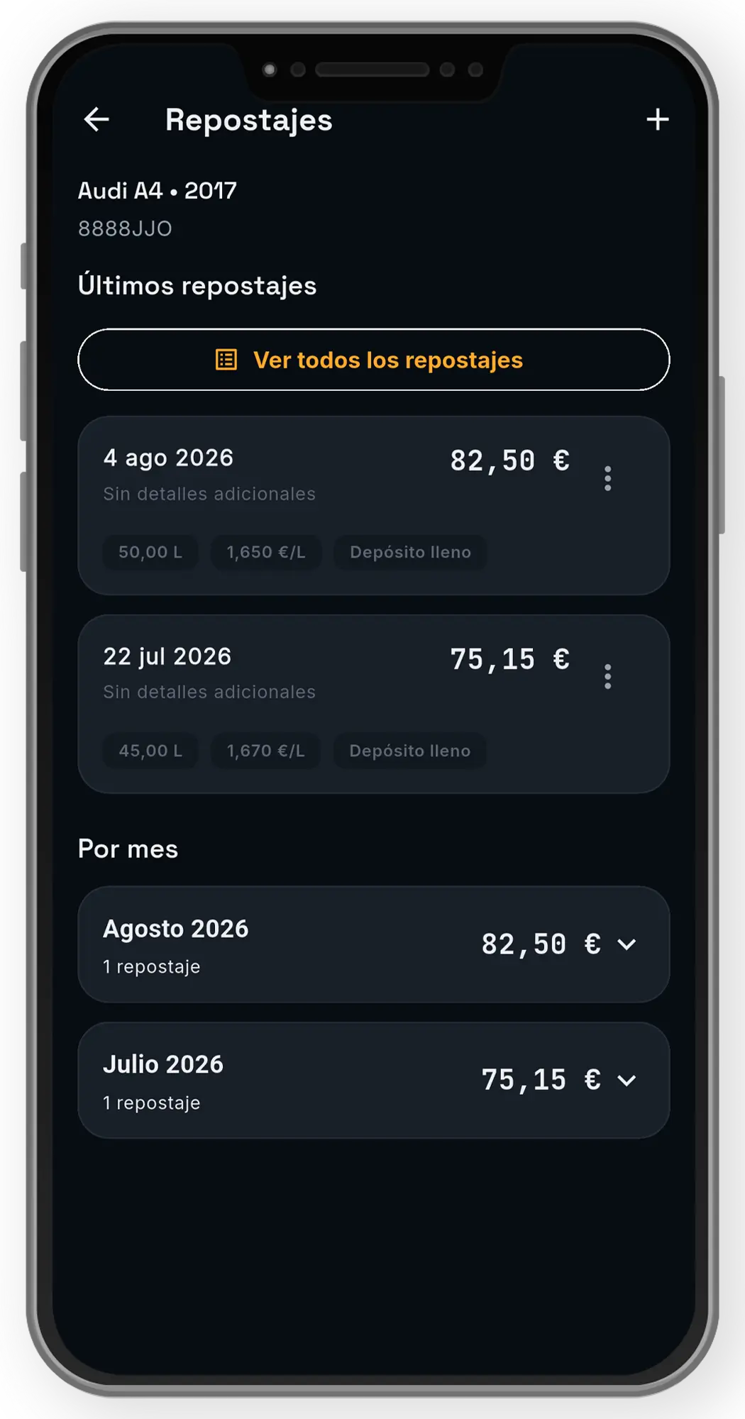 Historial de repostajes con importes, litros y consumo registrados