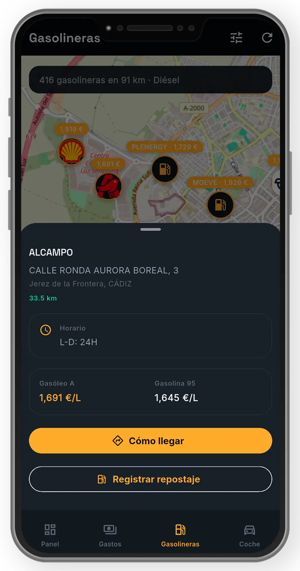 Detalle de una gasolinera con precios por tipo de combustible y opción de navegación